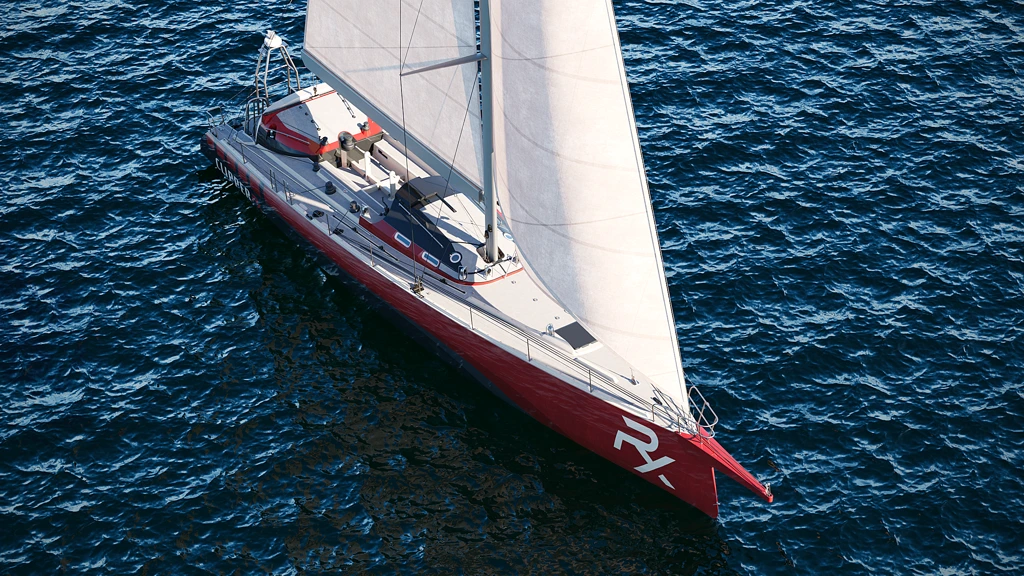 3D-Rendering eines rot-weißen Segelboots mit großen weißen Segeln auf dunkelblauem Wasser von oben.