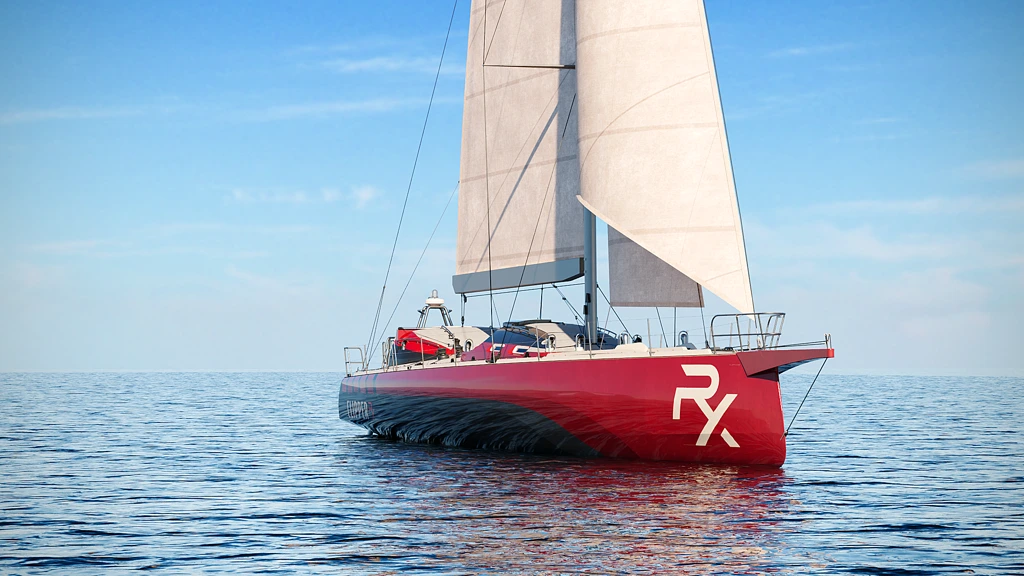 3D-Rendering eines schnittigen roten Segelboots mit weißen Segeln auf ruhiger blauer See unter klarem Himmel.