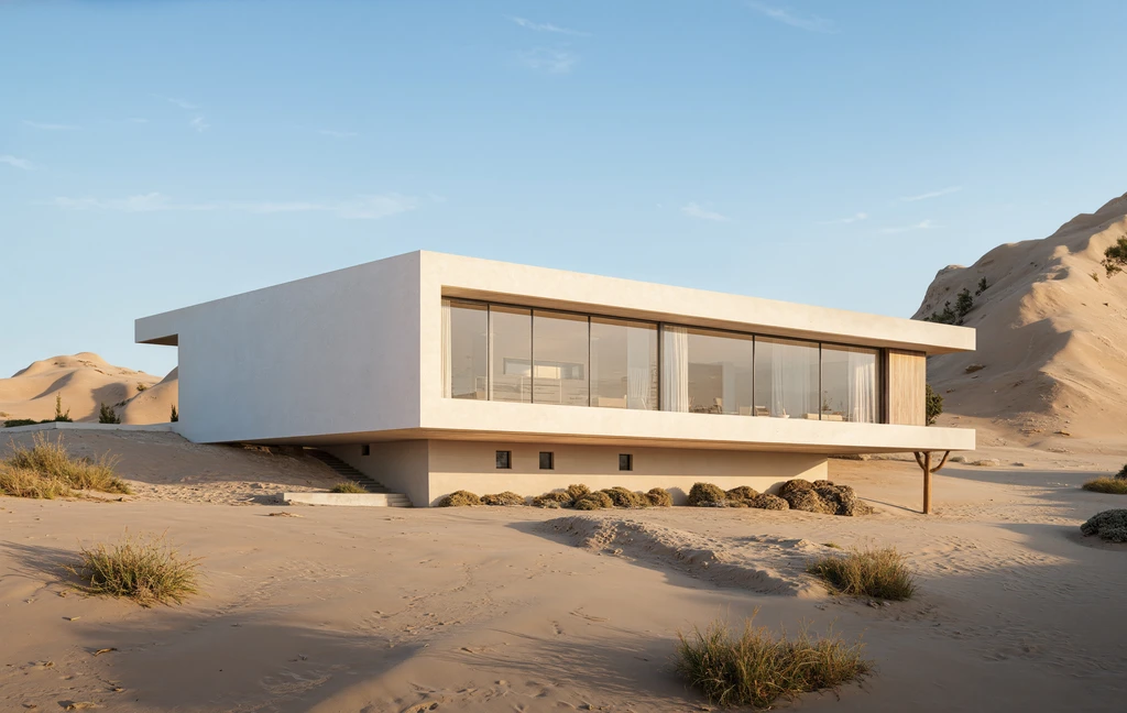 Long glazed elevation of a minimalist desert house with a solid pale end wall on a sand dune