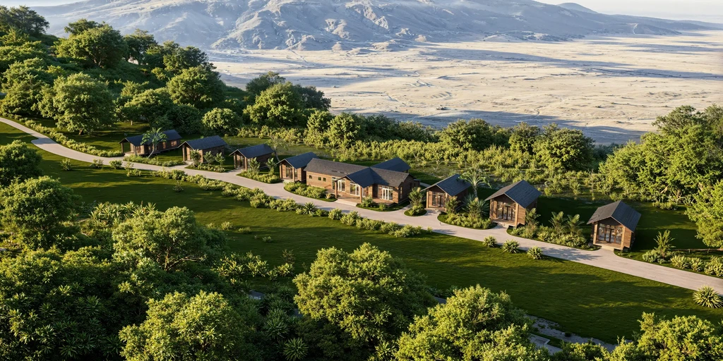 Render in vogelvlucht van een safarilodge op een groene berghelling, met een rij houten hutten langs een pad boven een weidse vlakte en bergen