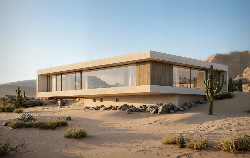 Three-quarter view of a modern desert house with a floating concrete frame, bronze glazing and a timber corner