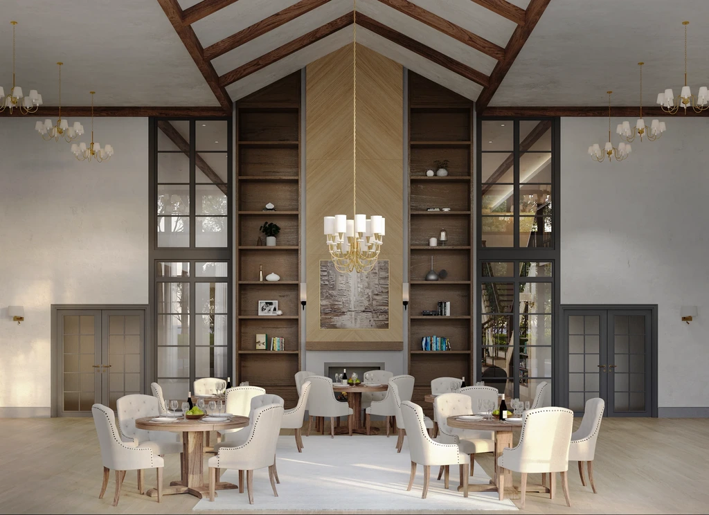 Render van een woonkamer met een plafond van 7 meter, haardwand, eiken kasten, zwarte roedeverdeelde ramen en eettafels onder een kroonluchter
