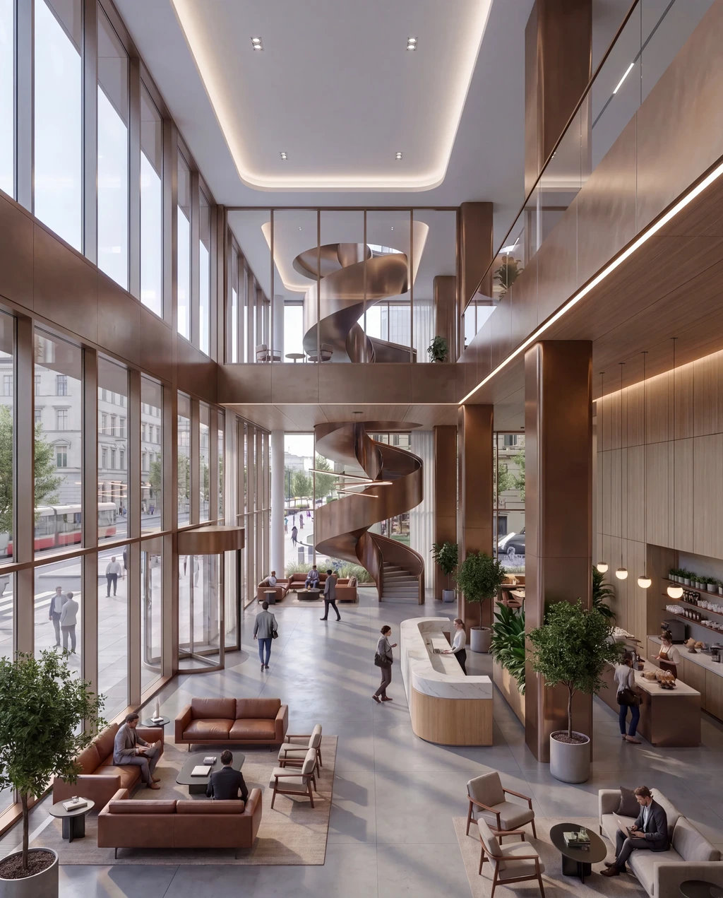 Multi-storey tower lobby with a spiral stair, timber columns and lounge seating behind full-height glass
