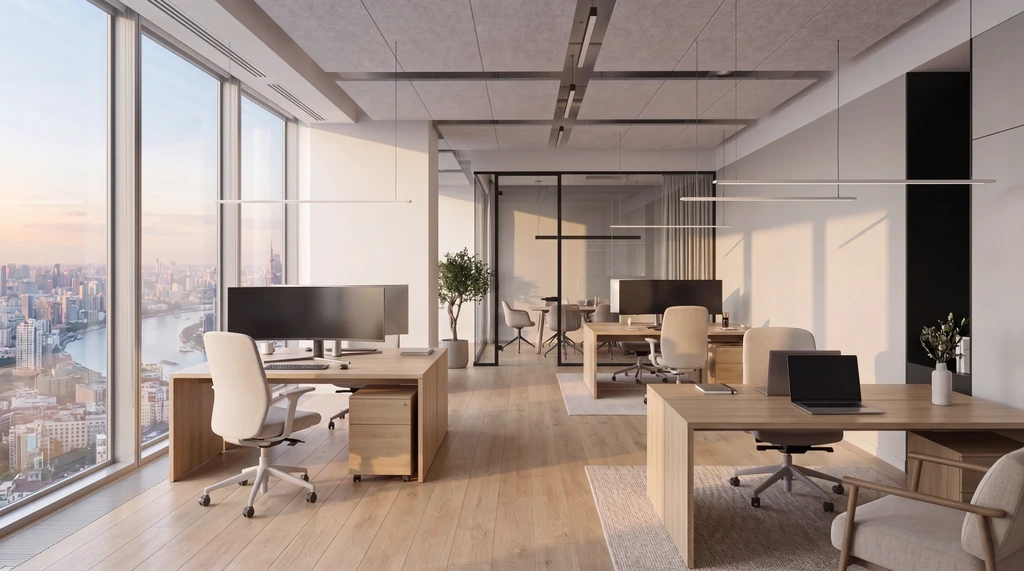 Open-plan office floor in a supertall tower with desks along floor-to-ceiling windows and the city far below