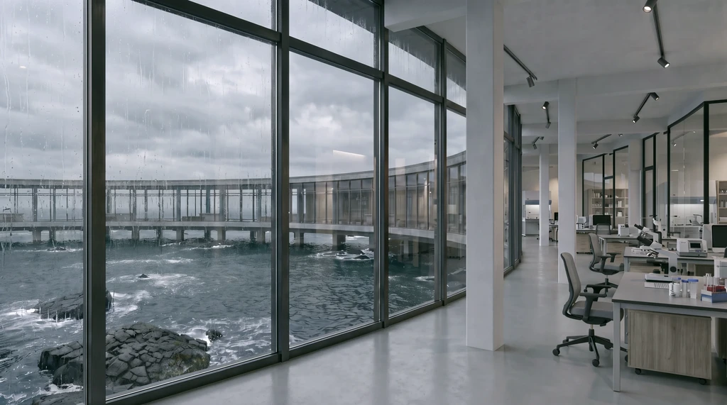 Render van een onderzoekslab met bureaus en labtafels langs een glazen wand met uitzicht over de getijdenpoel op de ring