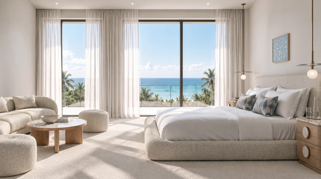 Render of a resort villa bedroom with a large bed, a sofa, sheer curtains and full-height windows to the sea