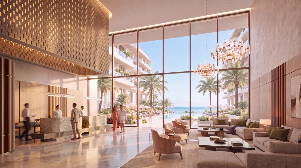 Render of a resort lobby with a timber screen reception, chandeliers, lounge seating and full-height glass to the palms and sea