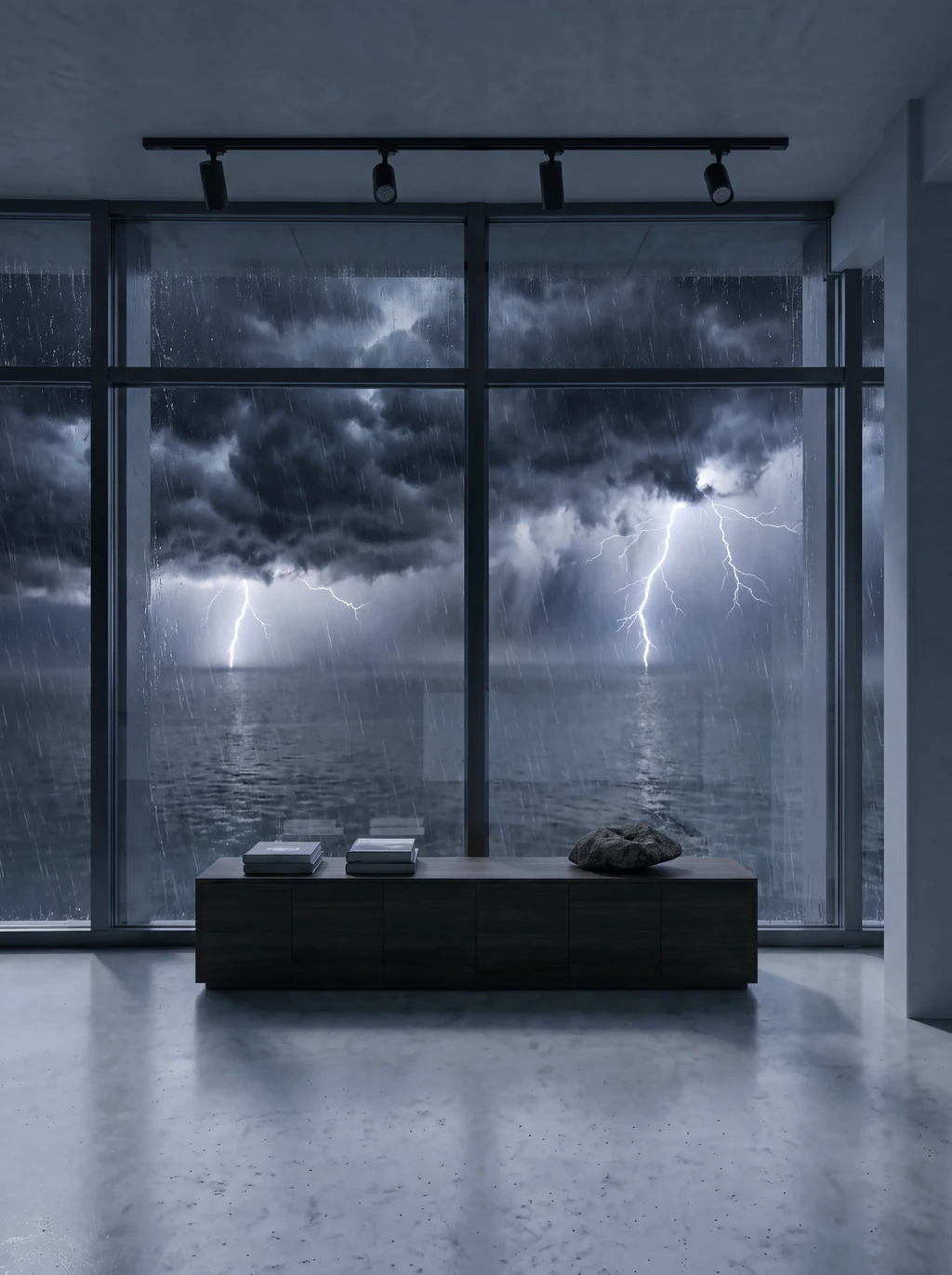 Staande render van een tentoonstellingszaal met een vitrinebank en een groot raam met uitzicht op zee tijdens een onweersbui