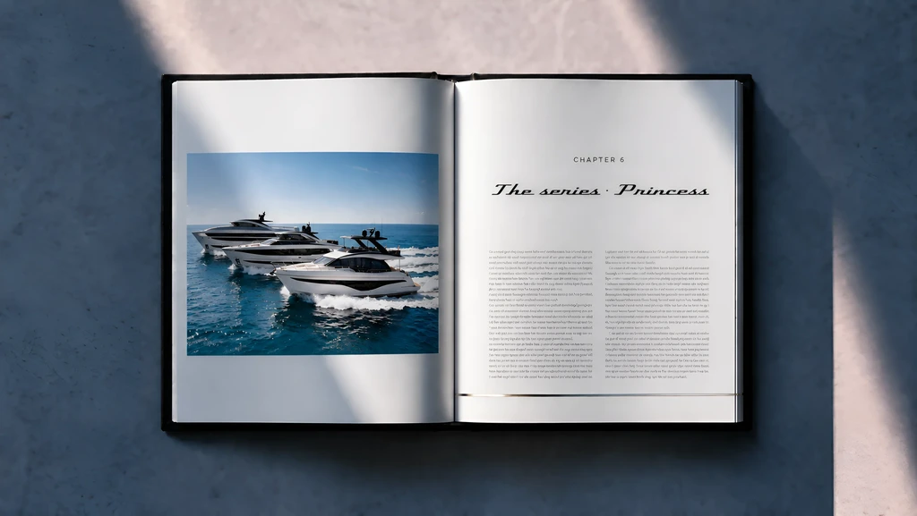 Opengeslagen boek met links drie motorjachten in formatie en de hoofdstuktitel The series Princess