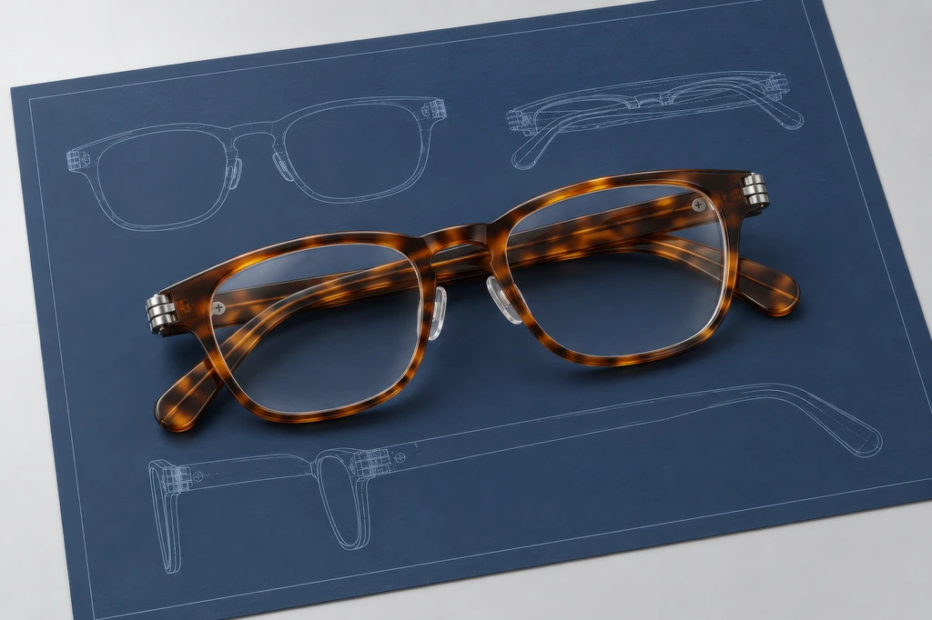 Finished tortoiseshell eyeglass frame lying on a blue technical drawing of the same frame in front, top and side views