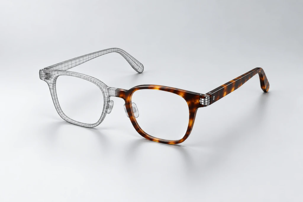 Concept optical frame in tortoiseshell acetate shown half as a CAD wireframe and half as the finished frame with metal hinges