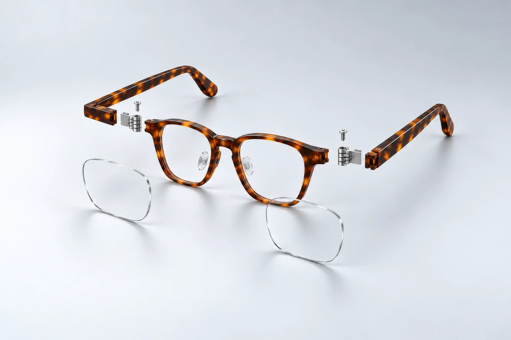 Exploded view of a concept acetate eyeglass frame: front with nose pads, two temples, barrel hinges, screws and demo lenses