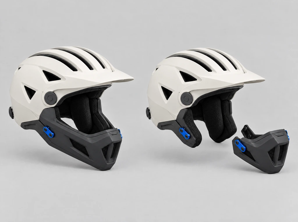Convertible bike helmet concept shown twice: full-face with the chin bar attached and open-face with the chin bar detached
