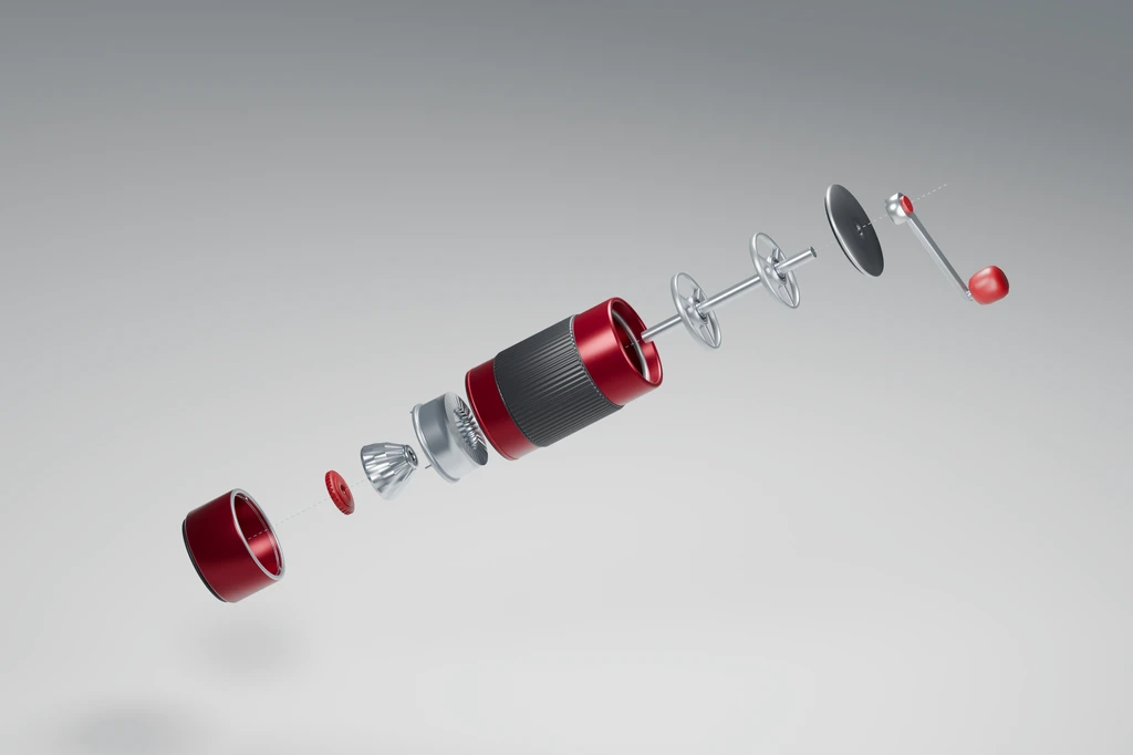 Exploded view of a concept hand coffee grinder: catch cup, adjustment nut, conical burrs, body with grip sleeve, shaft with bearings, lid and crank