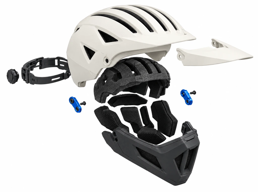 Exploded view of a convertible full-face bike helmet concept: shell, visor, liner, chin bar, hinge hardware and fit system