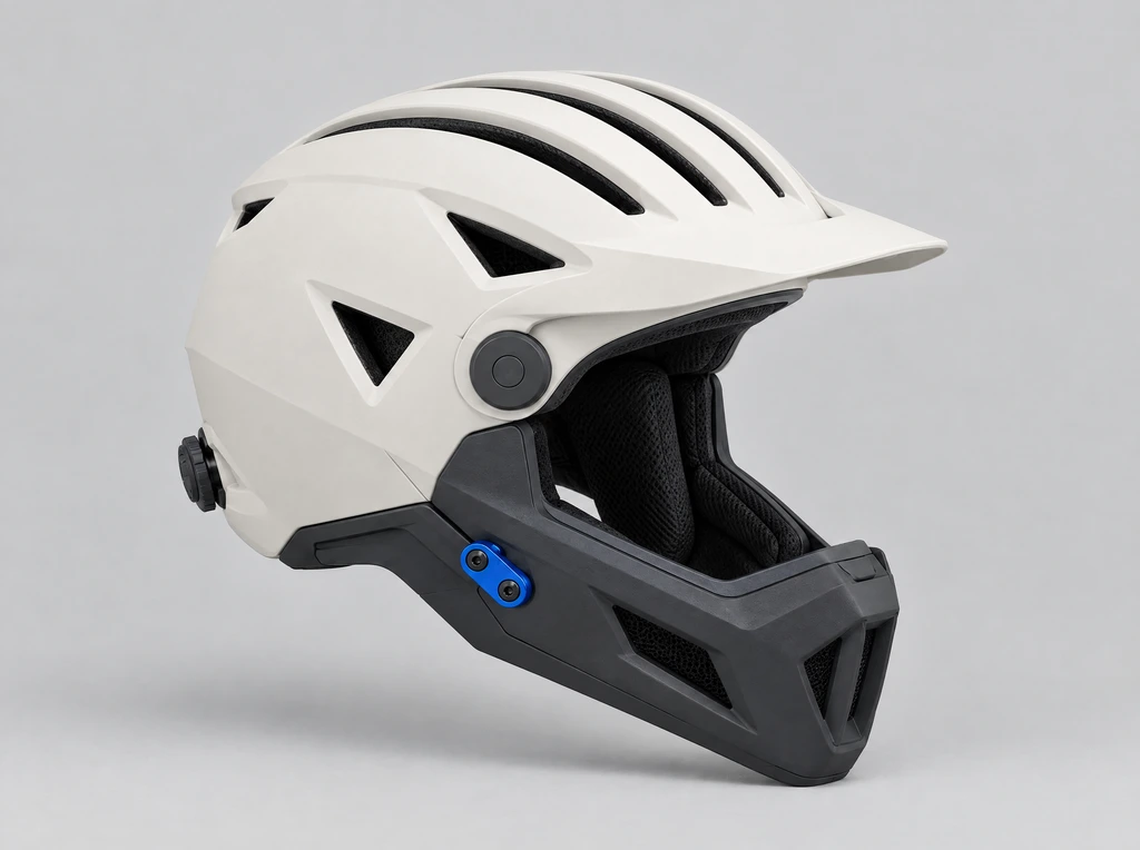 Concept convertible full-face bike helmet in off-white and black with a removable chin bar and blue anodized latches