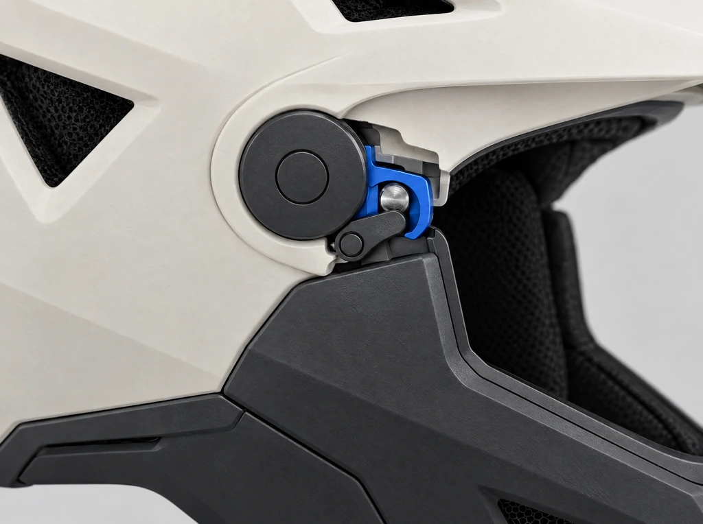Close-up of the chin bar hinge and blue quick-release latch on a convertible bike helmet concept
