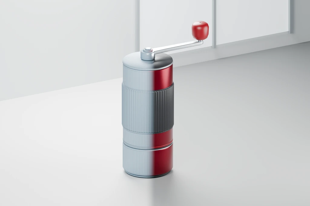 Concept hand coffee grinder shown half as a CAD wireframe and half as the finished red and black product