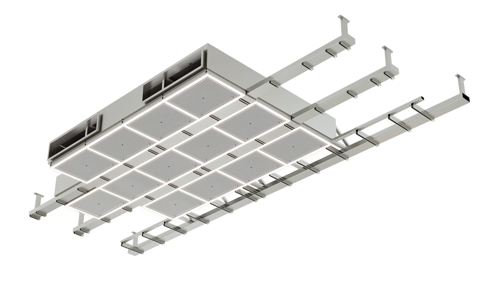 Product render of two operating room air ceiling modules mounted side by side on ceiling suspension rails