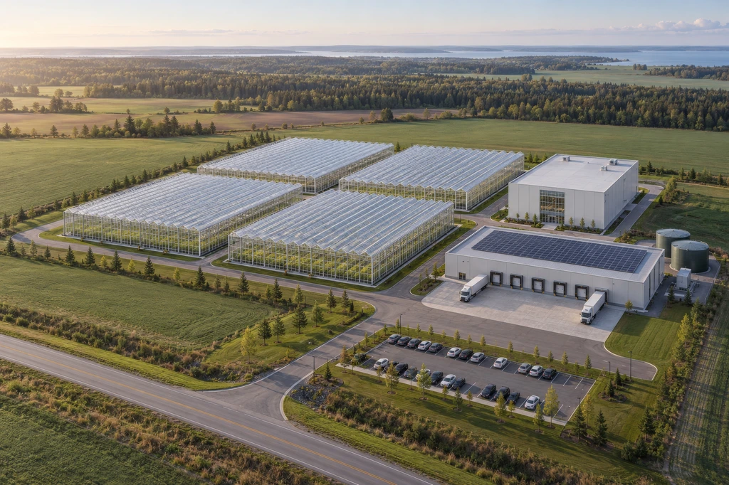 Aerial render of a greenhouse campus with four glass greenhouses, a vertical farm building and a packhouse with loading docks in farmland