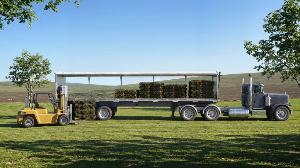 Truck and flatbed trailer with a rolling tarp system rolled back while a forklift loads sod pallets on a farm