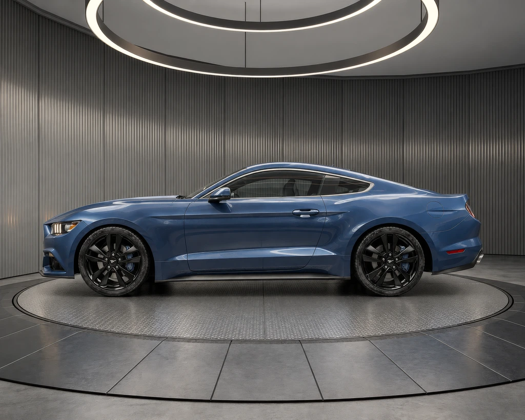 Rendering of a blue sports coupe in side profile on a diamond plate turntable in a graphite virtual showroom under two ring lights