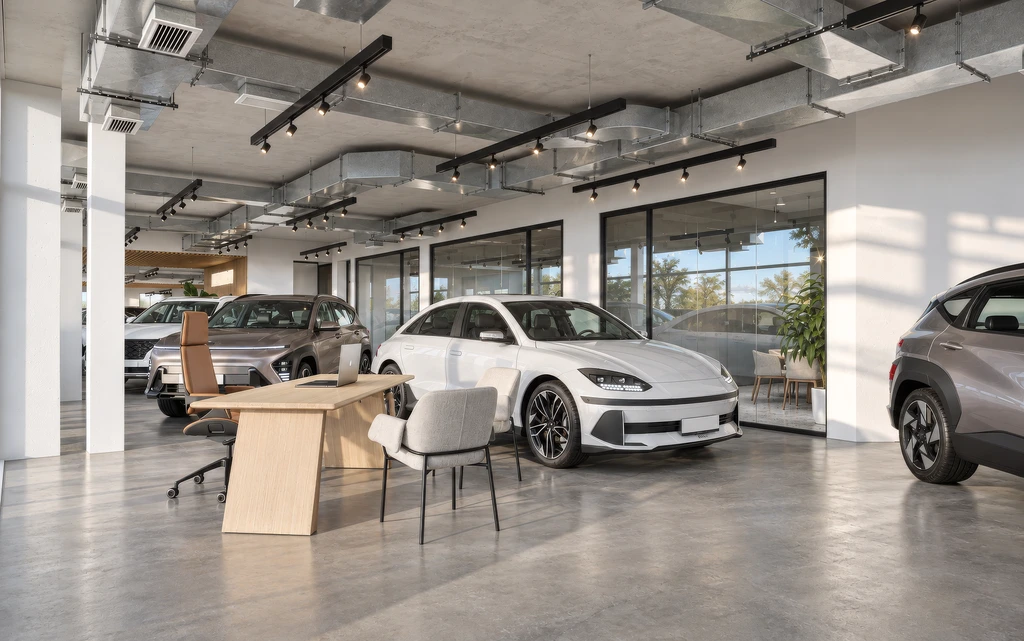 Rendering of consultation desks in a car showroom with white cars under an exposed duct ceiling