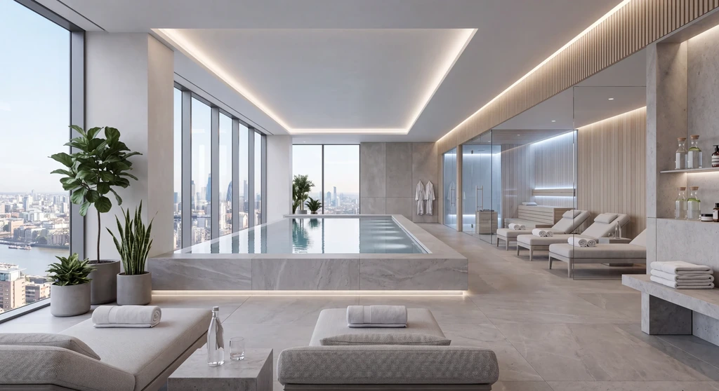 High-rise spa with an indoor pool along the glass, loungers and plants above the city