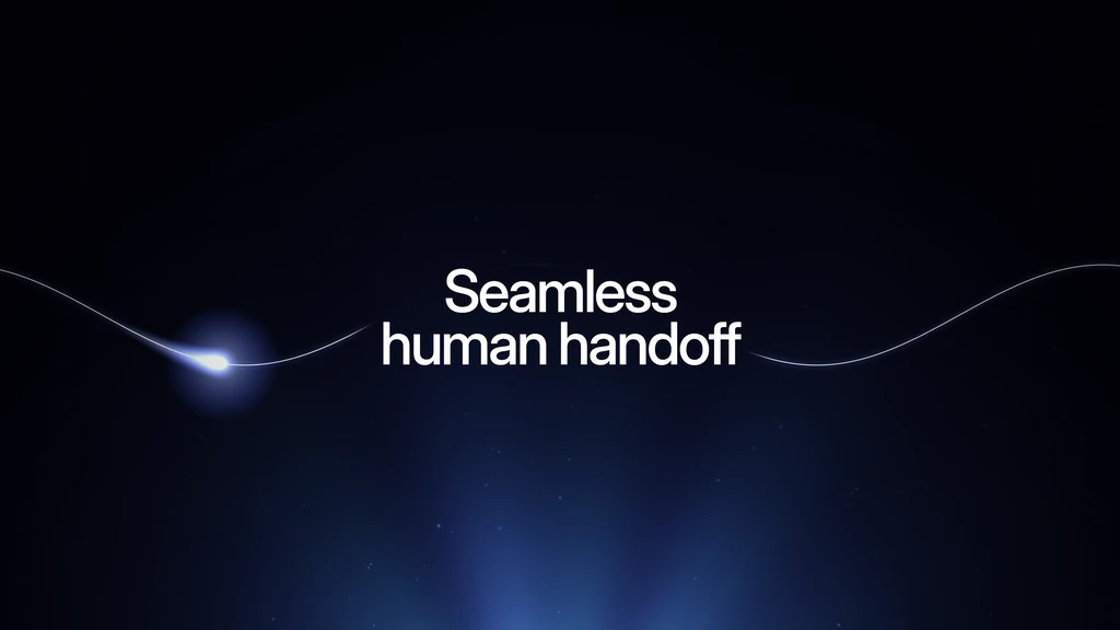 Still from an AI support agent explainer film: a glowing line carrying a light pulse under the title seamless human handoff