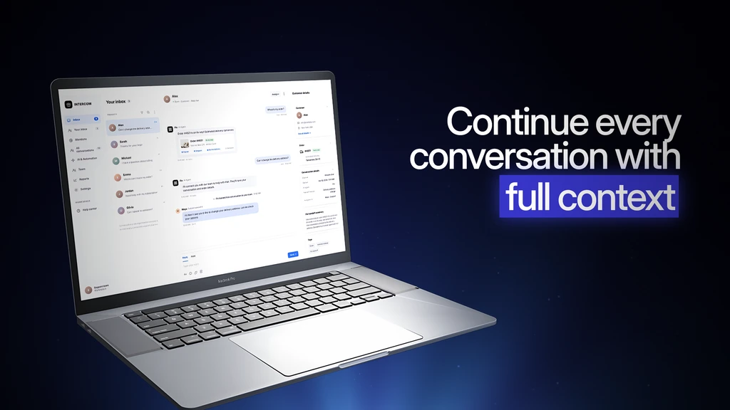 Still from an AI support agent explainer film: a laptop with a support inbox next to the title continue every conversation with full context