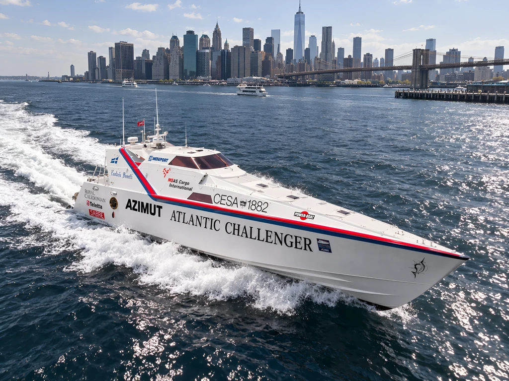 Ein weißes Offshore-Powerboat mit rot-blauer Lackierung pflügt vor einer Stadtsilhouette durchs Wasser