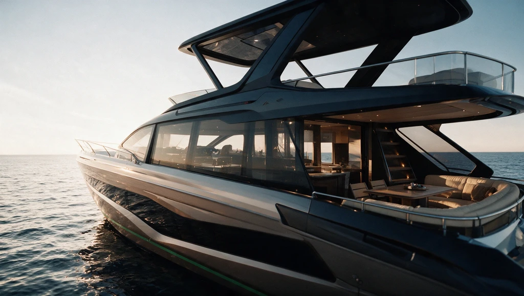 Eine Motoryacht mit Flybridge in Fahrt bei Sonnenuntergang, ein generiertes Bild aus dem Yacht-Kapitel des Films