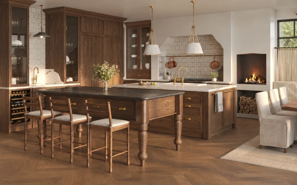 Rendering schräg von der Seite: Walnussküche mit langer Insel im Tischstil, vier Hockern, Glasvitrinen und brennendem Kamin