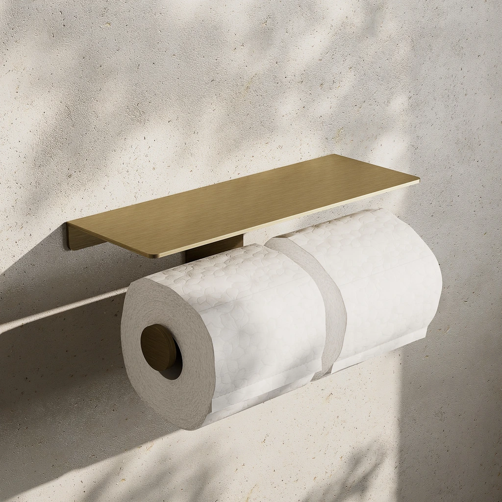 Double toilet roll holder with a shelf in an antique brass finish