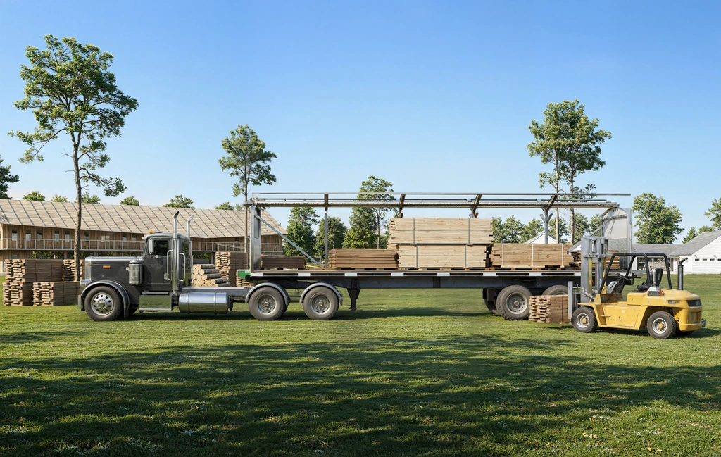 Forklift loading lumber onto a flatbed trailer with an open rolling tarp system in a lumber yard