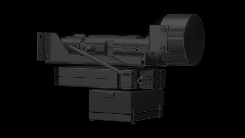 Render of an assembled automated dosing unit with a stainless steel valve on its bracket, seen from the side on a dark stage