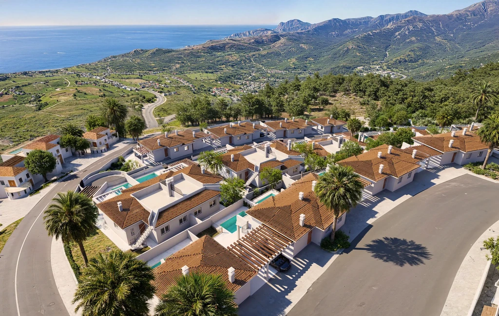 High aerial view of a luxury villa complex on a hillside with the Mediterranean coastline and mountains behind it