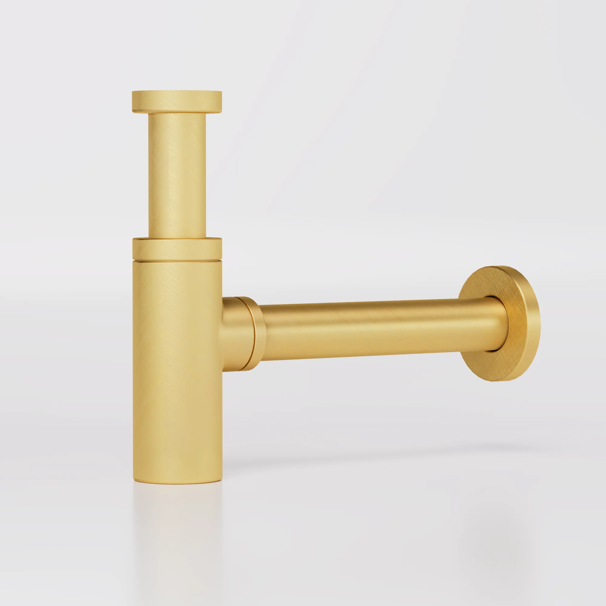 Studio render of a basin bottle trap in aged gold on a light background