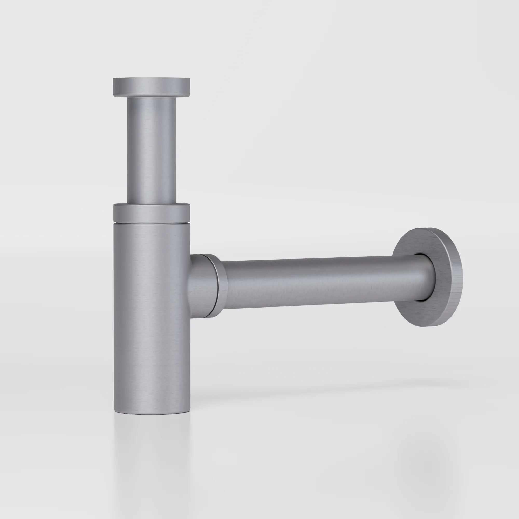 Studio render of a basin bottle trap in brushed stainless on a light background