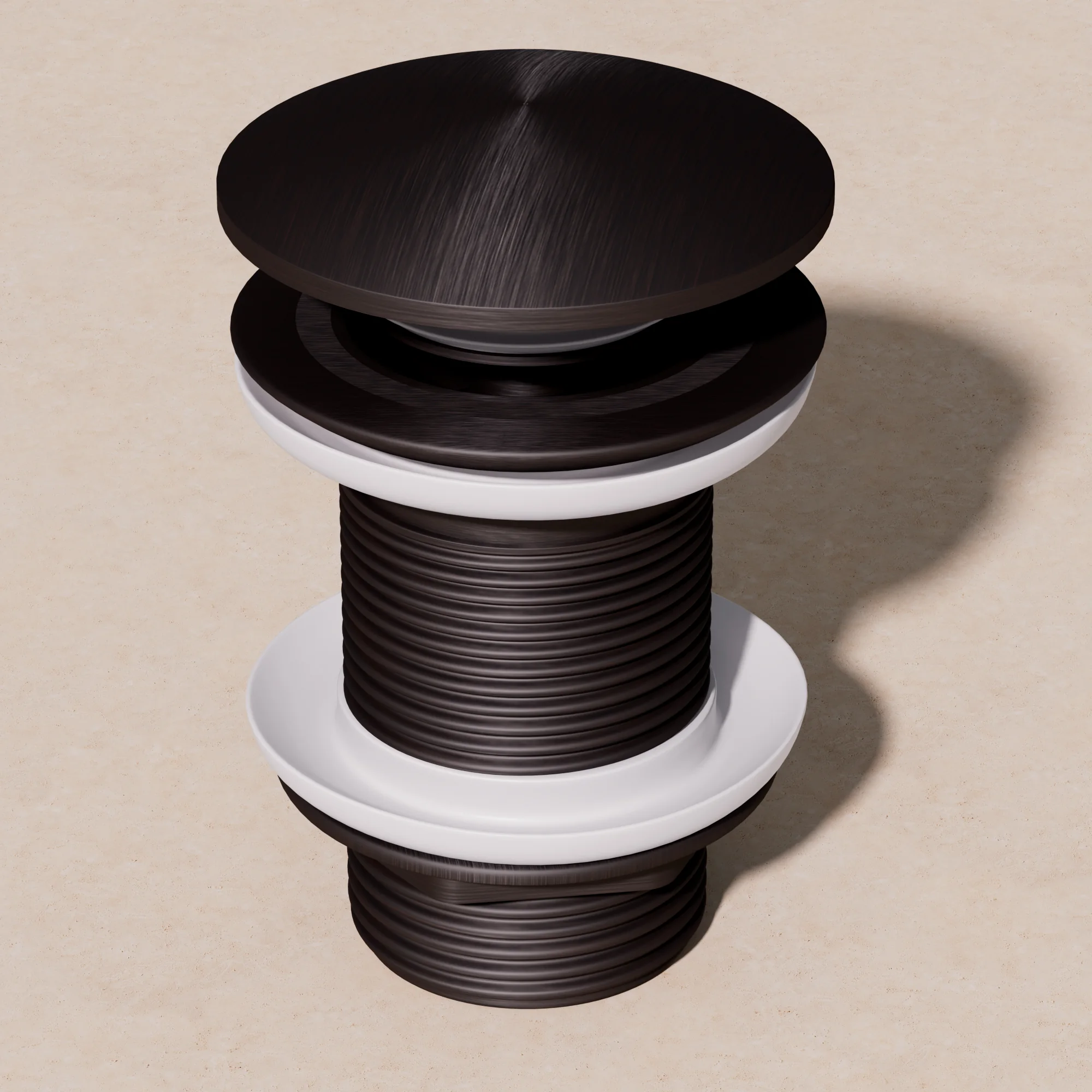 Studio render of a basin pop-up waste in gunmetal black with its cap, seals and threaded body