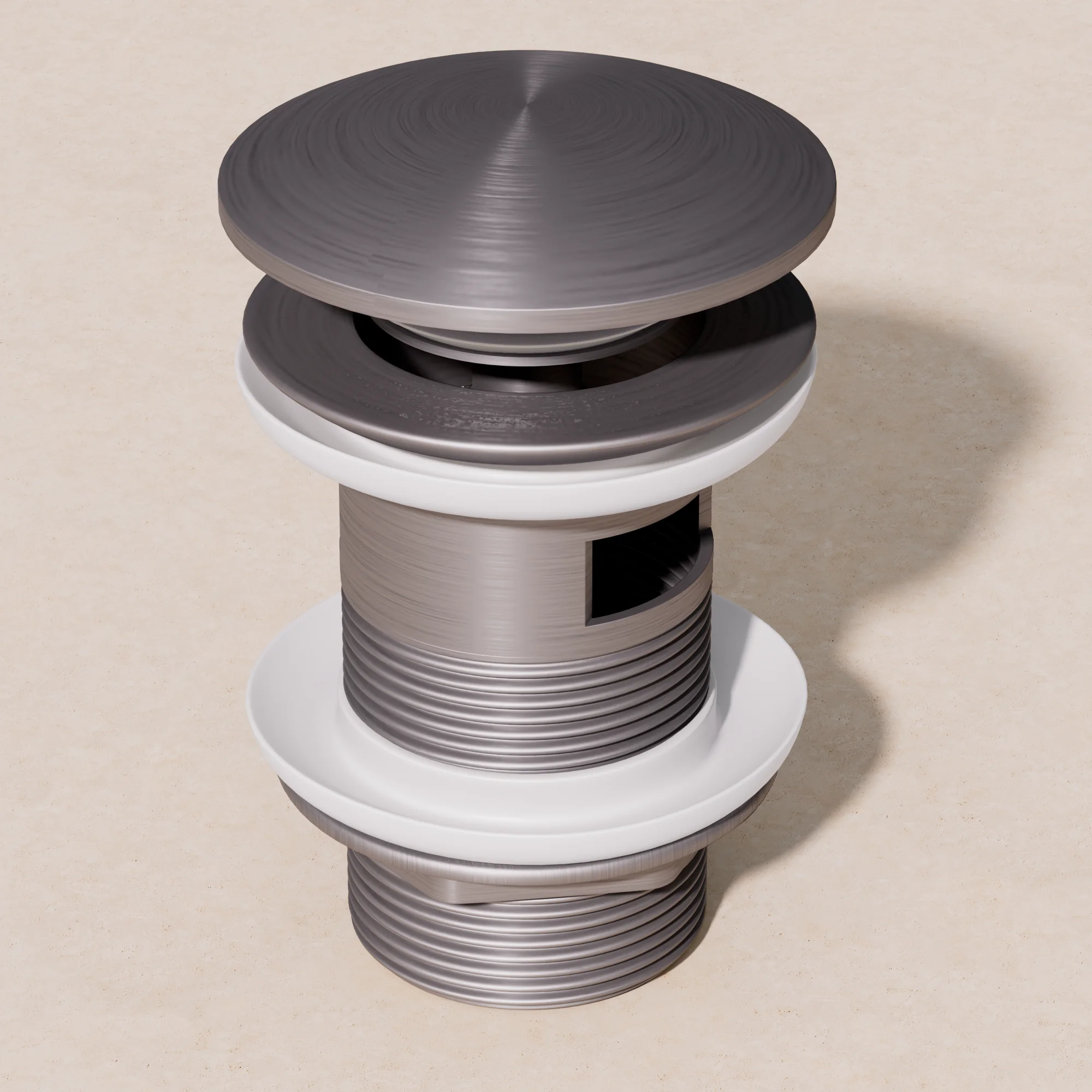 Studio render of a basin waste with overflow in brushed stainless