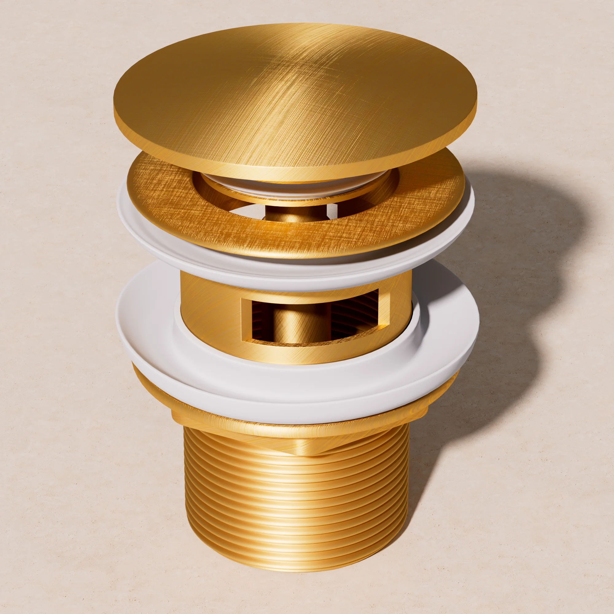Studio render of a bath pop-up waste with overflow in aged gold