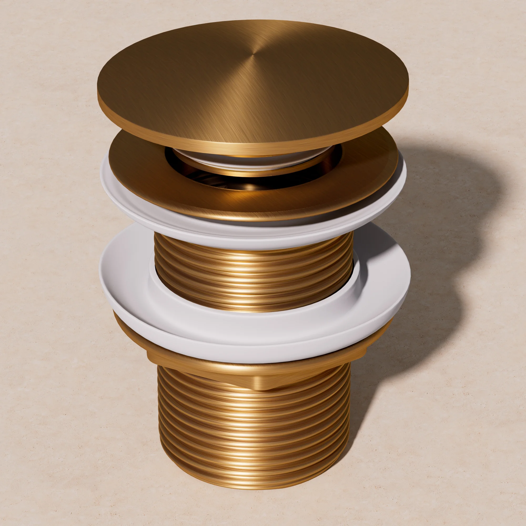 Studio render of a bath pop-up waste in brushed gold with its cap and threaded body
