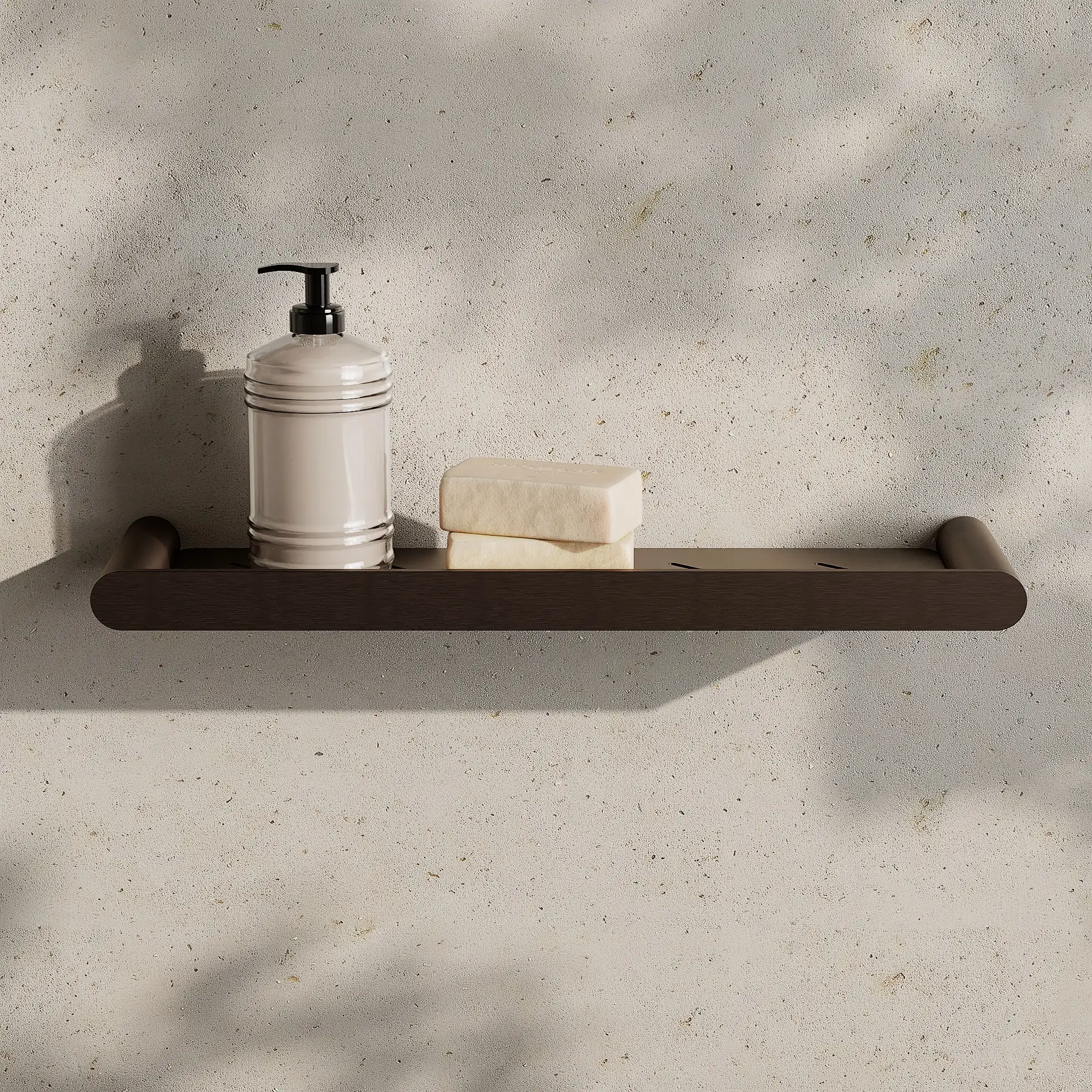 Render of a bathroom shelf in satin bronze with a soap dispenser and a bar of soap on a stone wall