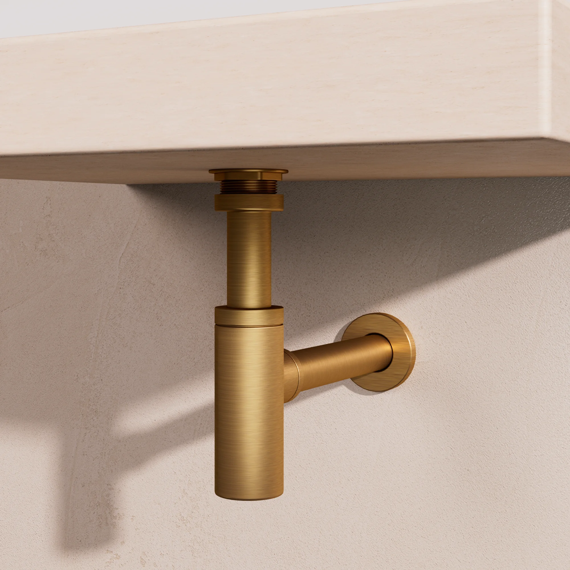 Render of a basin bottle trap in brushed gold installed under a light wooden vanity top