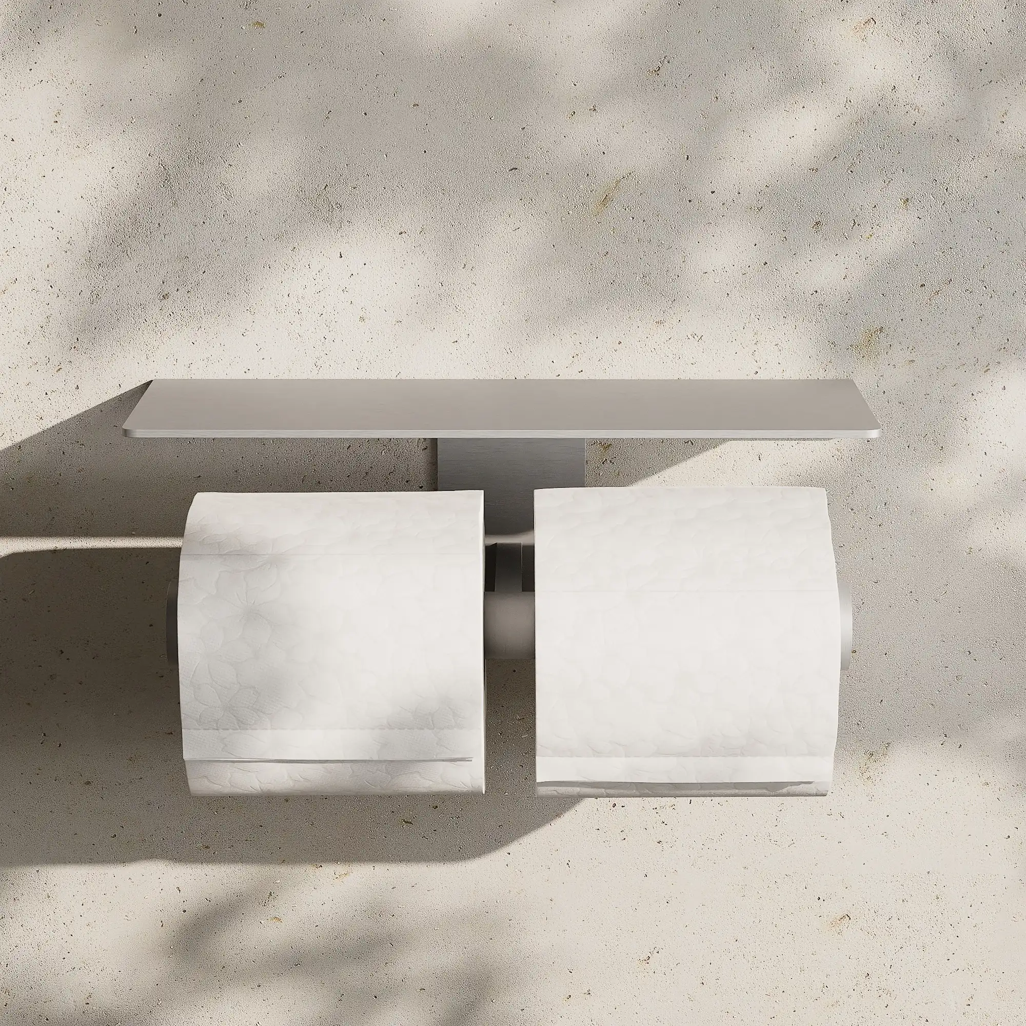 Render of a double toilet roll holder with a shelf in brushed stainless with two rolls of paper