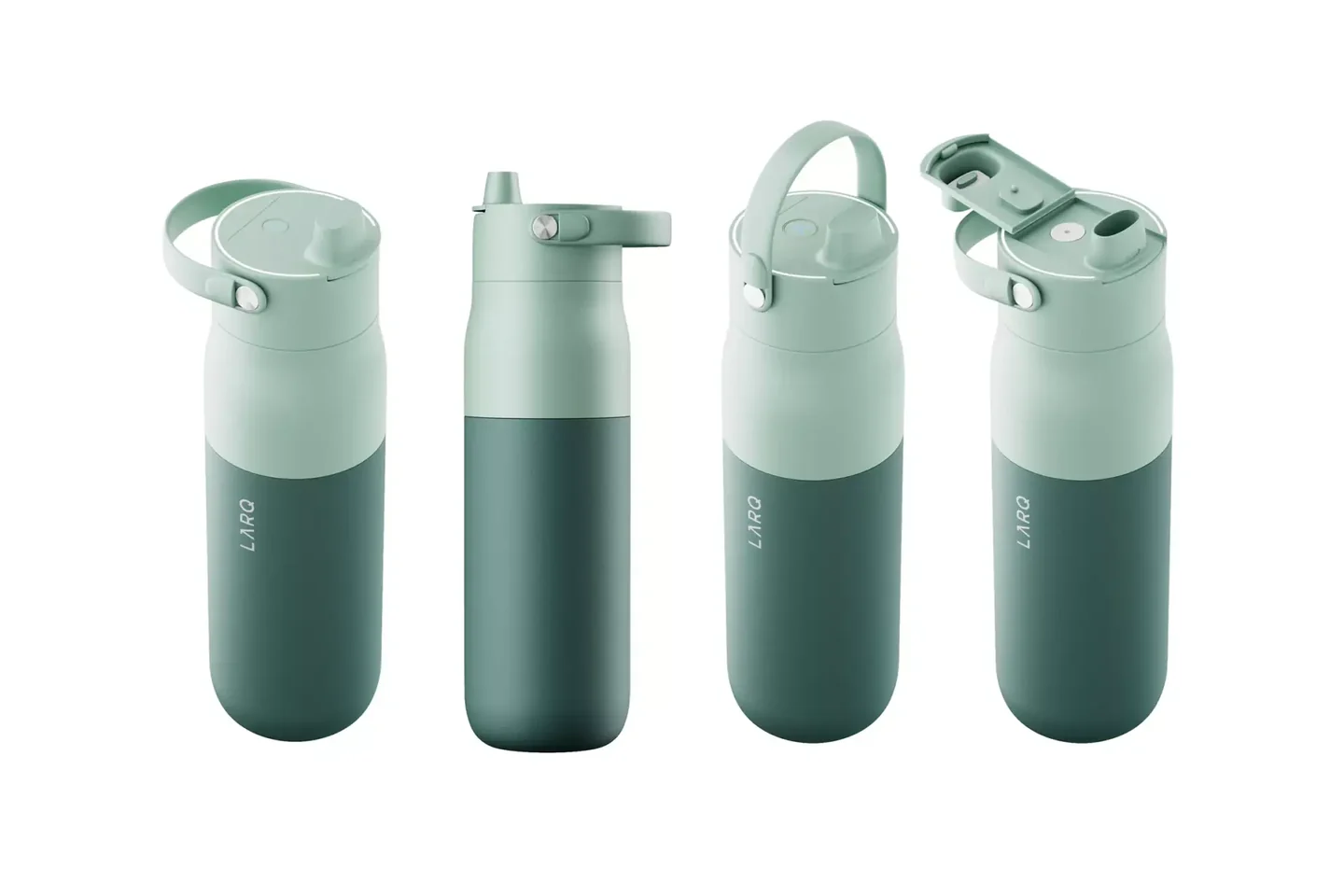 Green LARQ bottle shown with four positions of the lid and carry handle