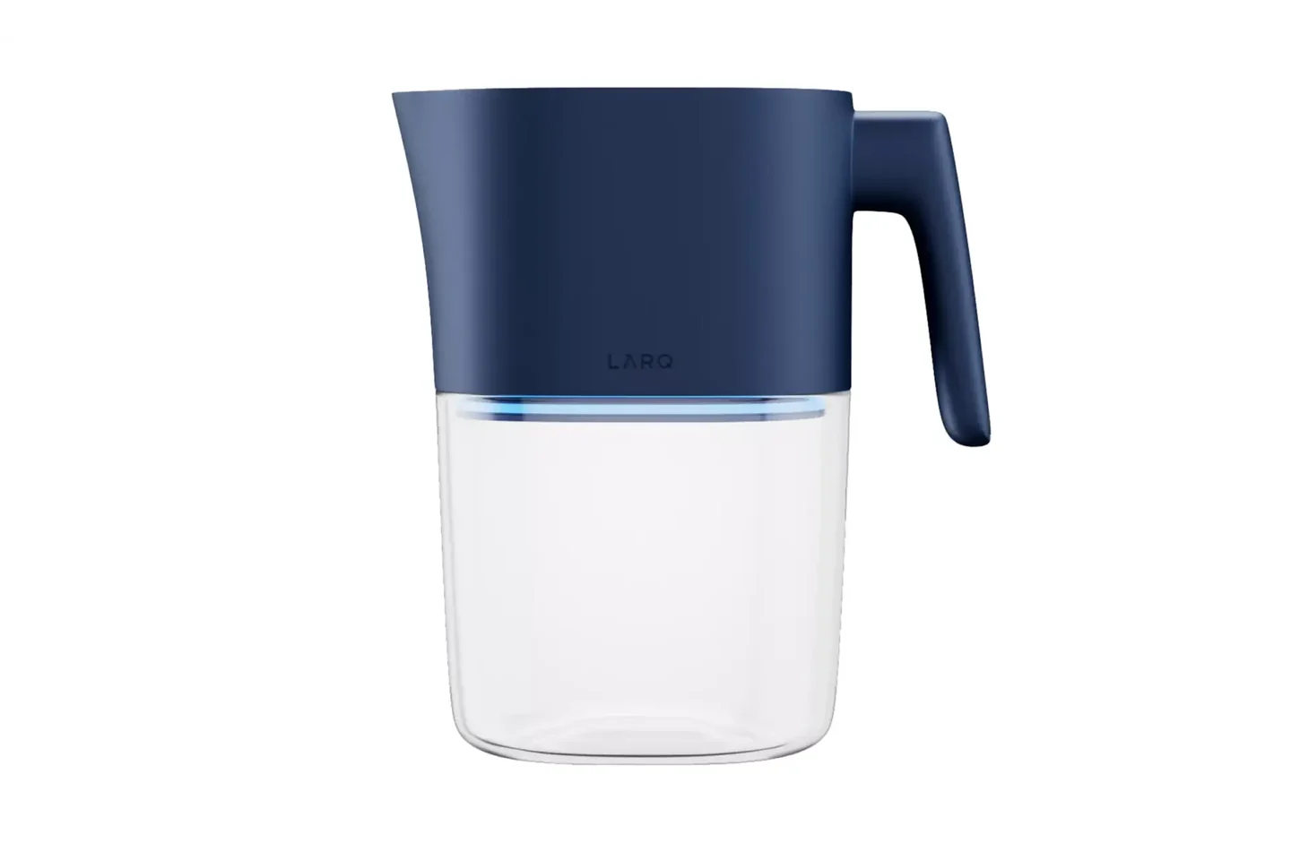 Navy and clear glass LARQ water filter pitcher with a glowing blue filtration light