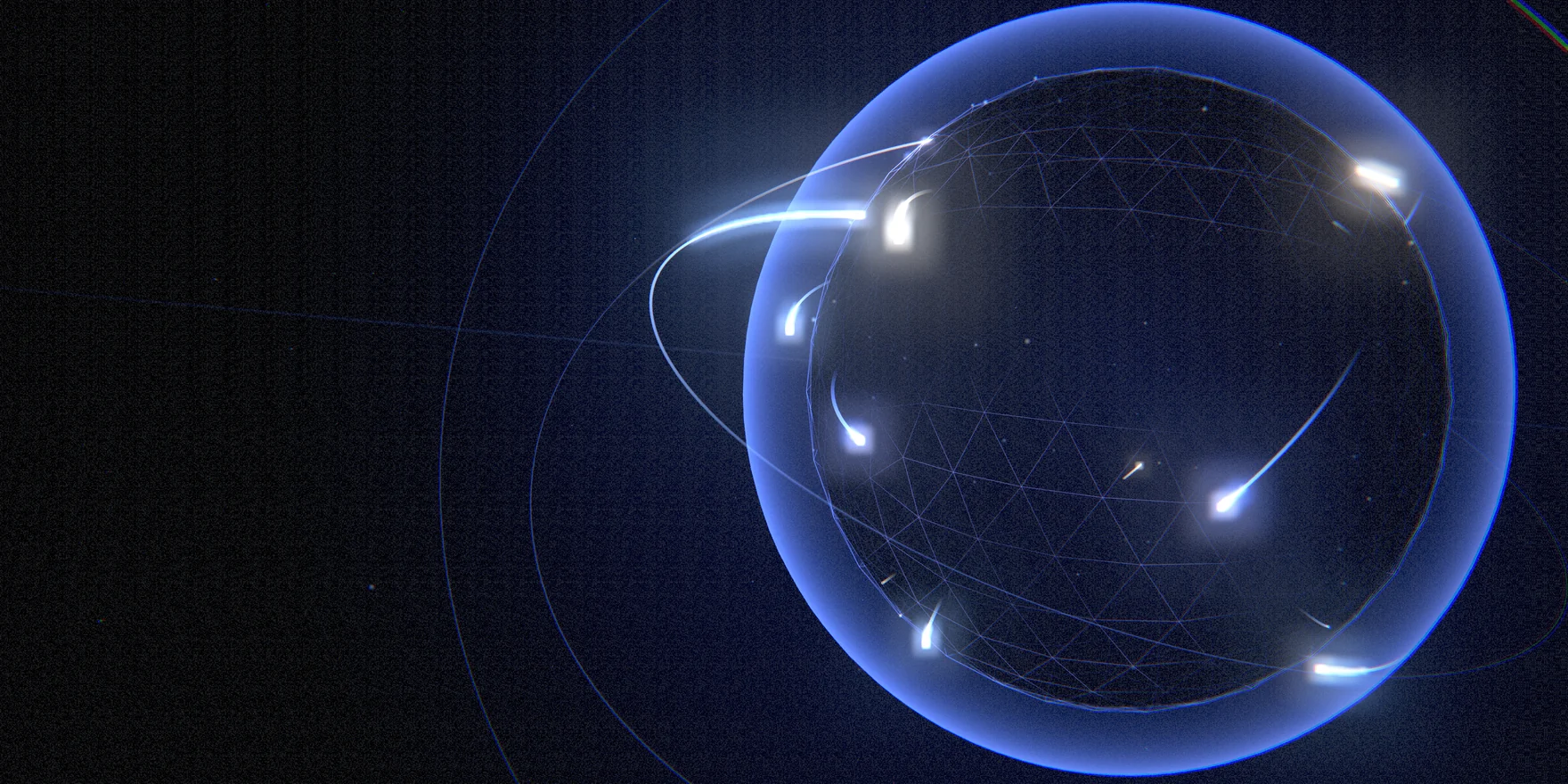 Glowing network globe with light trails orbiting it, from a concept launch film for Chainlink