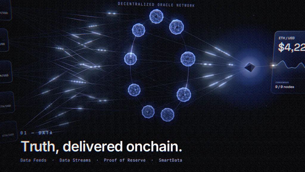 Ring of oracle nodes turning prices from many sources into one value, a still from the Chainlink concept film
